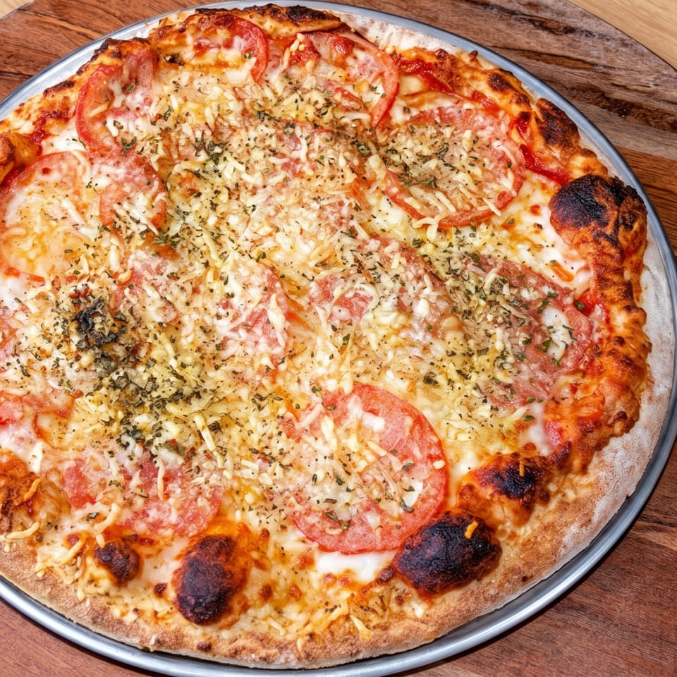 Cheesy tomato pizza topped with herbs on a metal tray atop a wooden serving board.