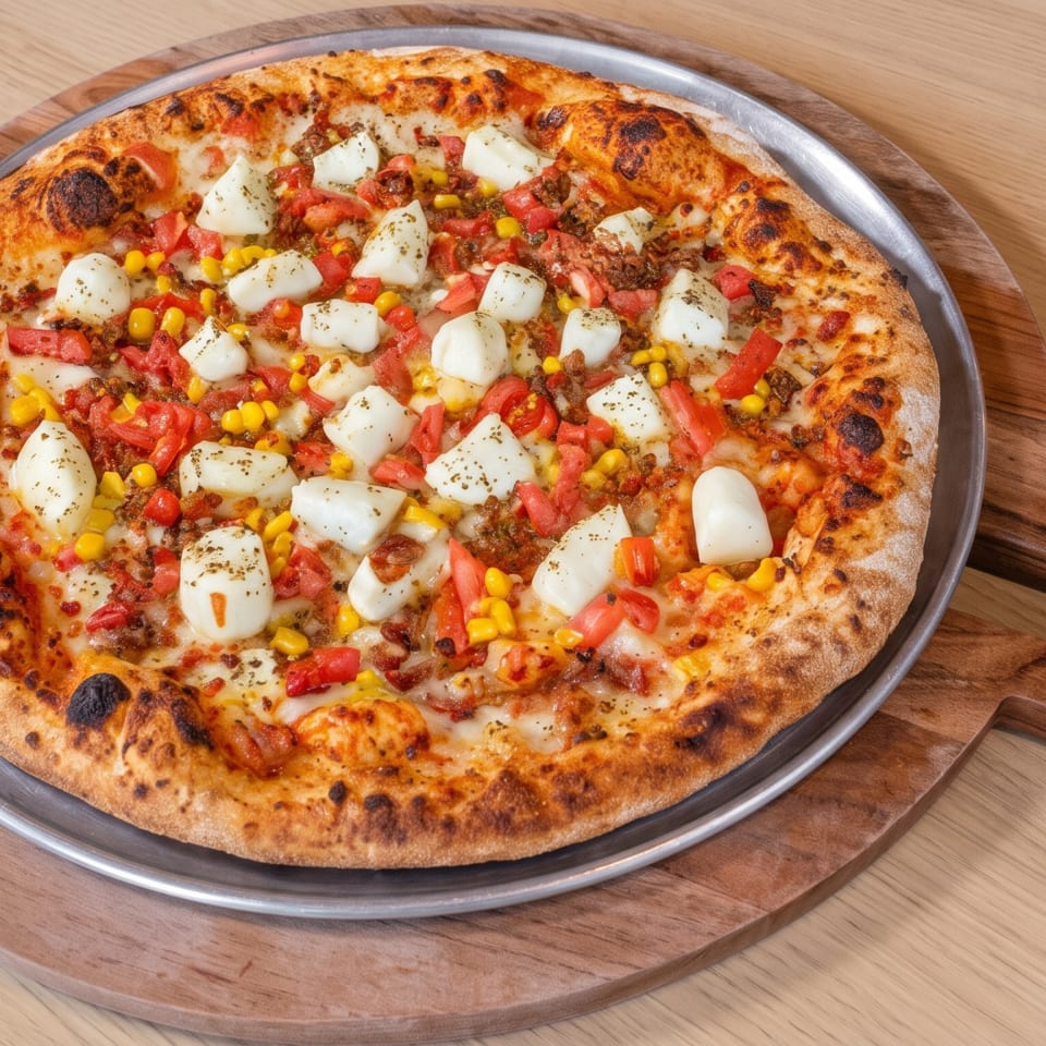 Wood-fired pizza topped with mozzarella, ground meat, tomatoes, corn, and herbs on a metal plate and wooden serving board.