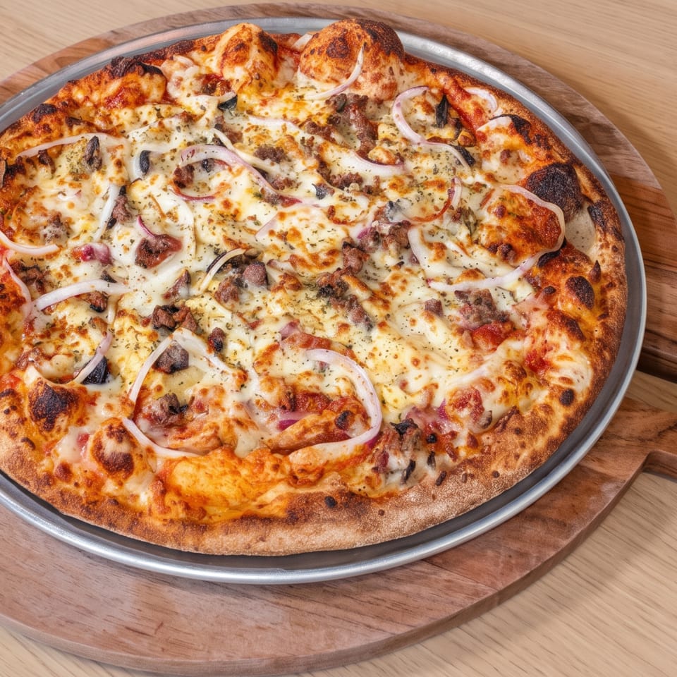 Cheesy pizza topped with onions, mushrooms, ground meat, and herbs on a wooden serving board.