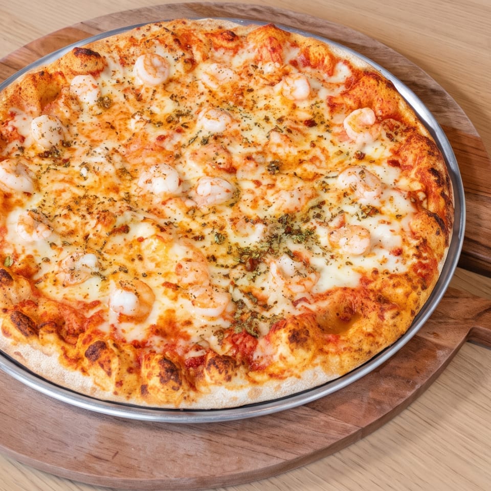 Cheesy shrimp pizza with herbs and a blistered crust on a metal tray atop a wooden serving board.