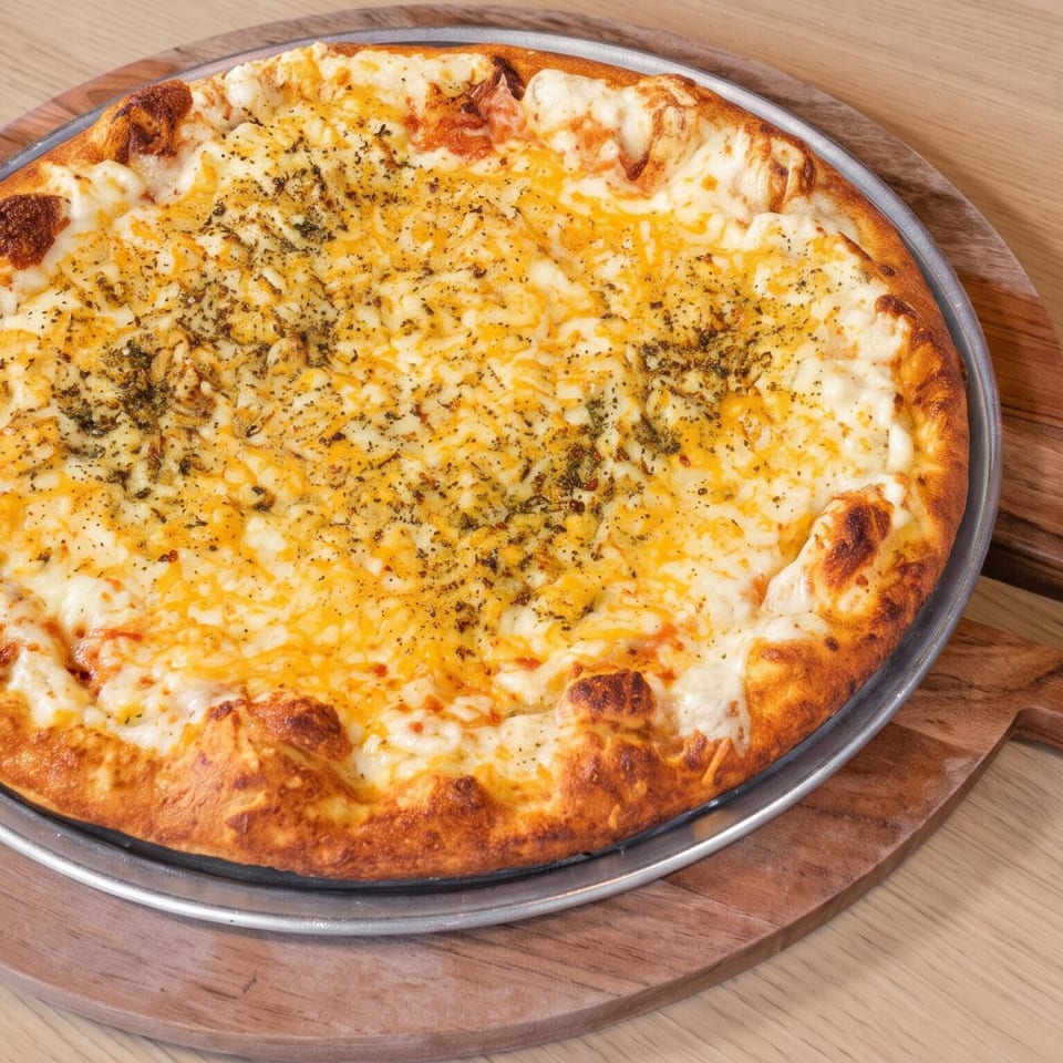 Golden-brown cheese pizza topped with herbs, served in a metal pan on a wooden serving board.