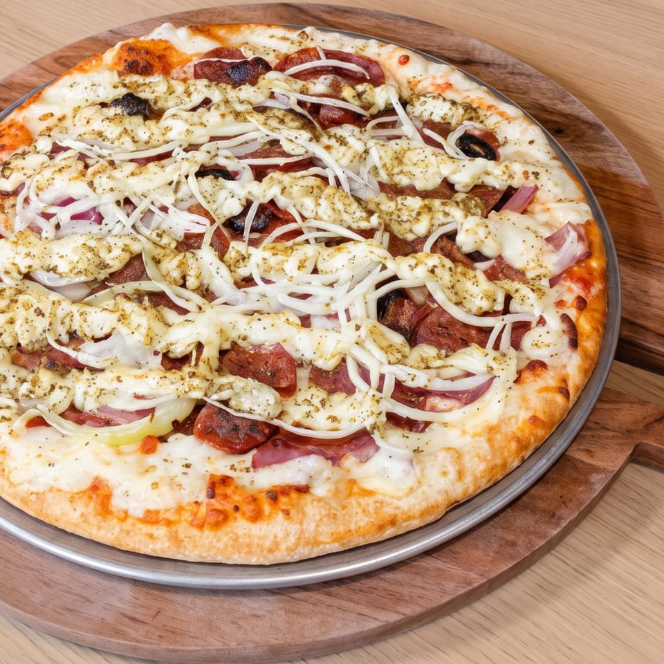 Loaded pepperoni pizza topped with melted cheese, onions, olives, herbs, and peppers on a wooden serving board.